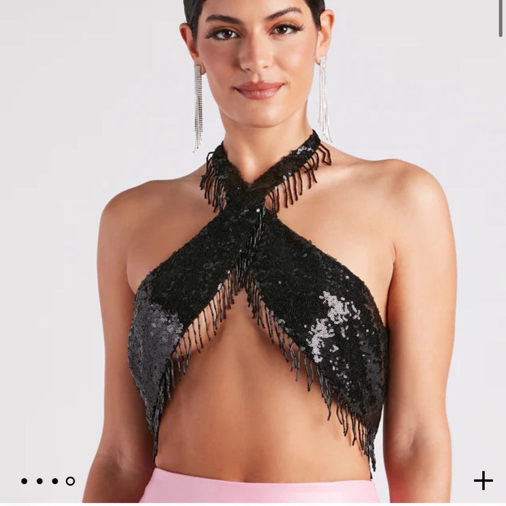 Windsor Black Sequin Fringe Halter Crop Top